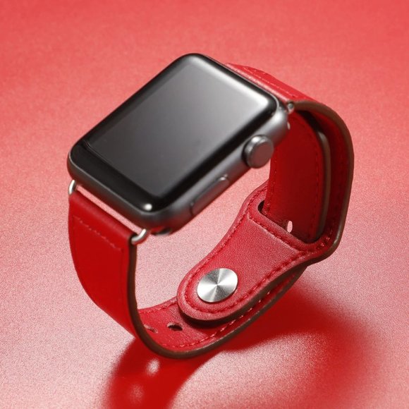 NEW[BAND] Red Genuine Leather For Apple Watch - Picture 2 of 2
